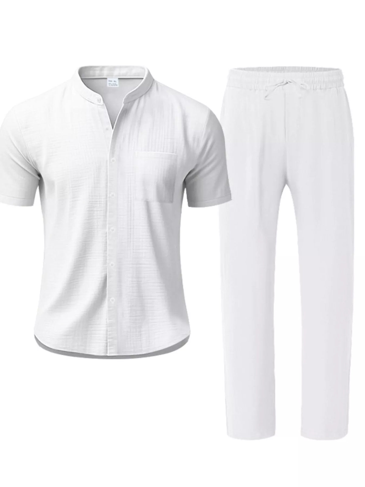 Men's full-size casual button-up short-sleeve shirt and pants set, plus size, white, lightweight fabric, Trendsi