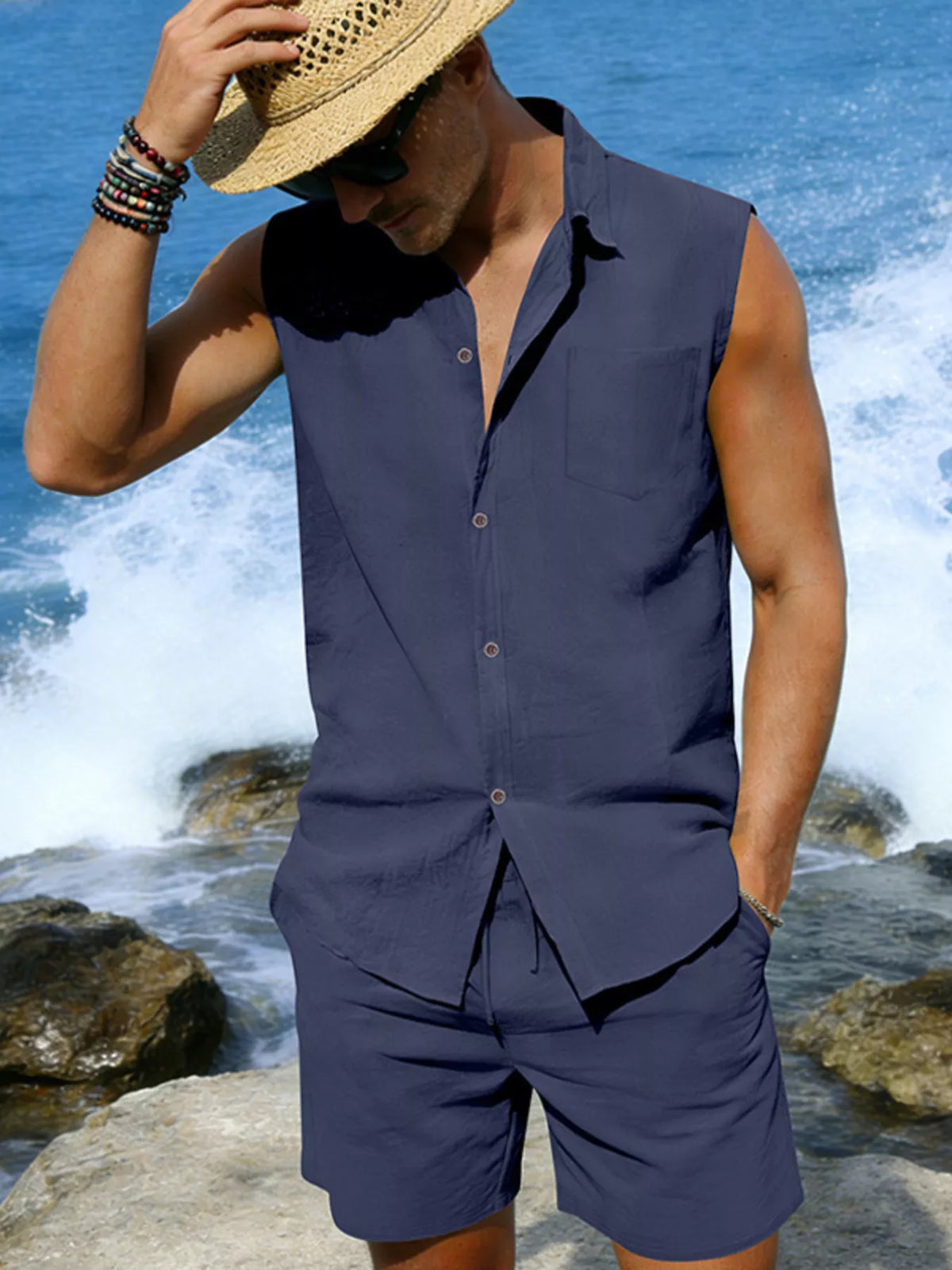 Men's plus-size navy sleeveless button-up top with pocket and matching shorts, Trendsi