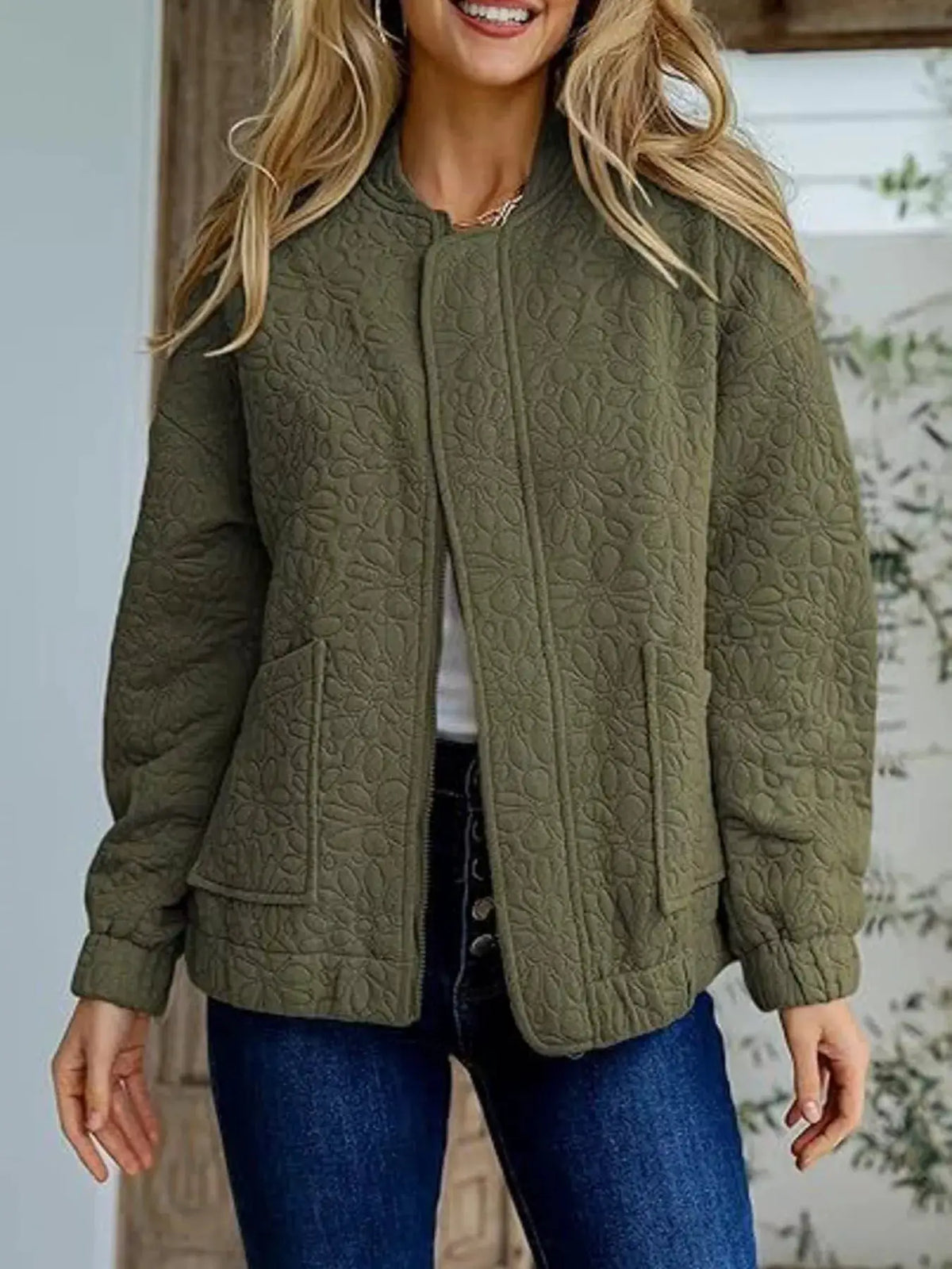 Premium floral quilted lightweight zip-up jacket in olive green for daily wear