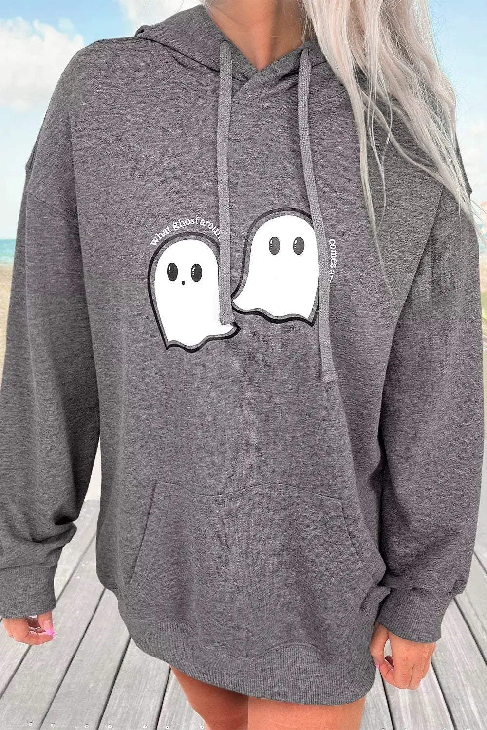 Halloween Ghost Print Mineral Wash Oversize Hoodie, gray with two white ghost graphics, Trendsi