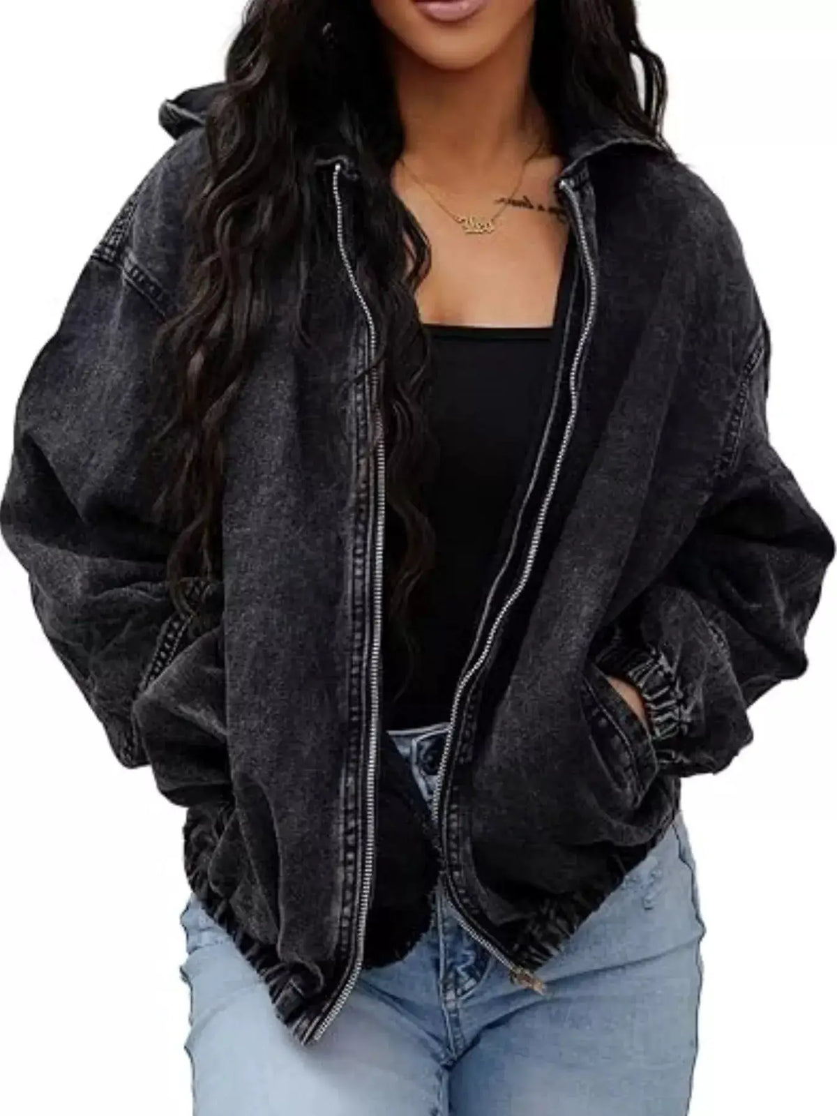 Premium vintage washed zip-up hooded oversized denim jacket in dark wash