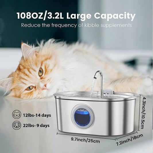 Water Feeder Stainless Steel Pet Water Dispenser by AdTec, 108oz (3.2L) capacity, cat lounging beside it