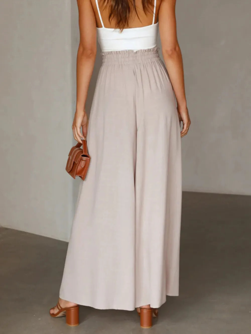 High Waist Wide Leg Palazzo Pants by Trendsi, light beige, pocketed, sheer fabric.