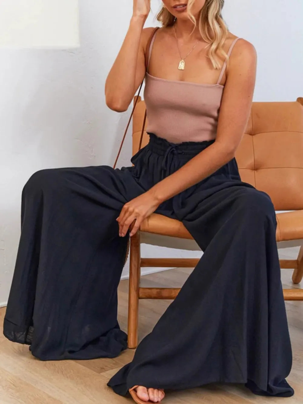 High Waist Wide-Leg Palazzo Pants in navy, full-length relaxed fit
