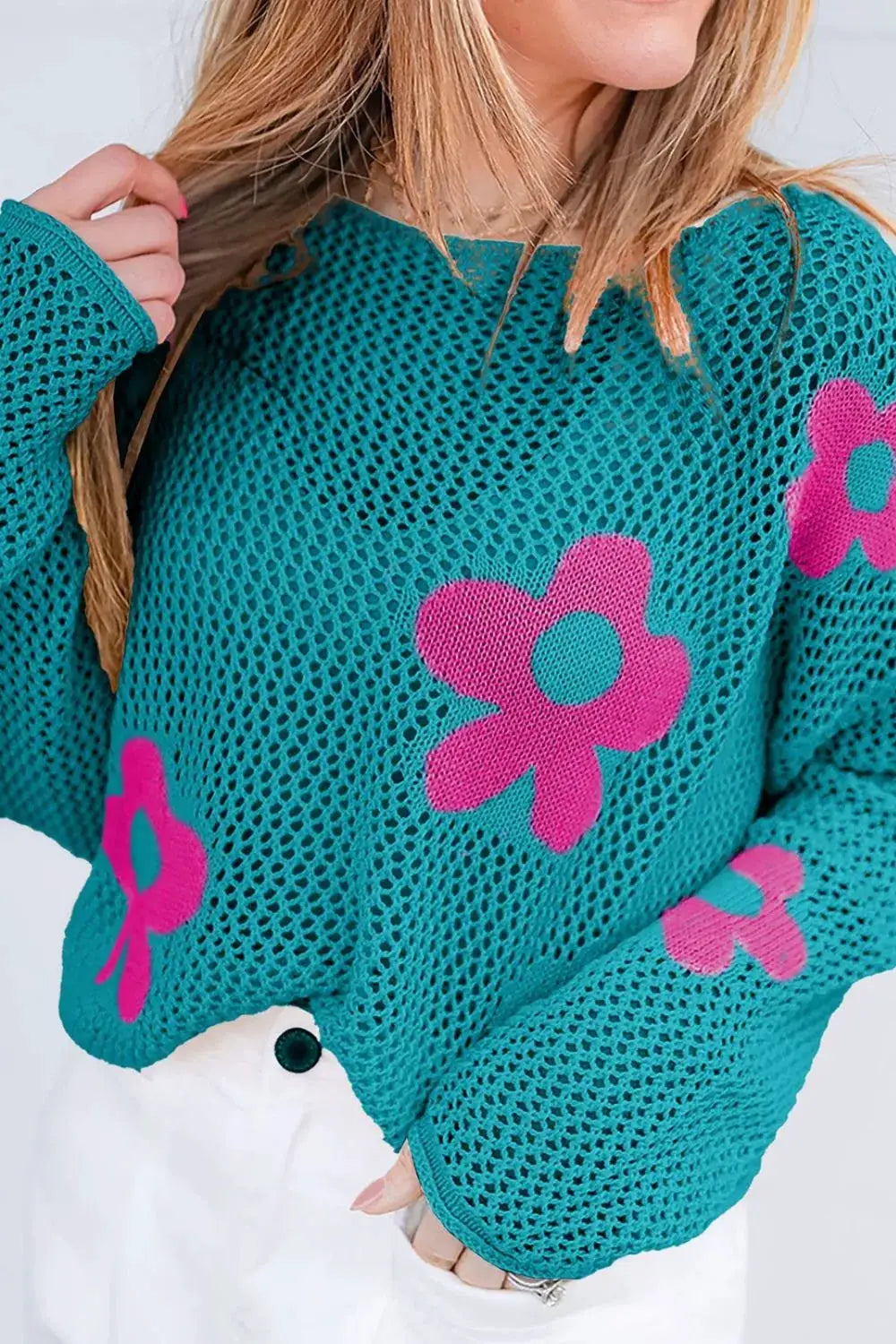 Lightweight teal openwork knit cover-up with pink floral prints, round-neck top by Trendsi