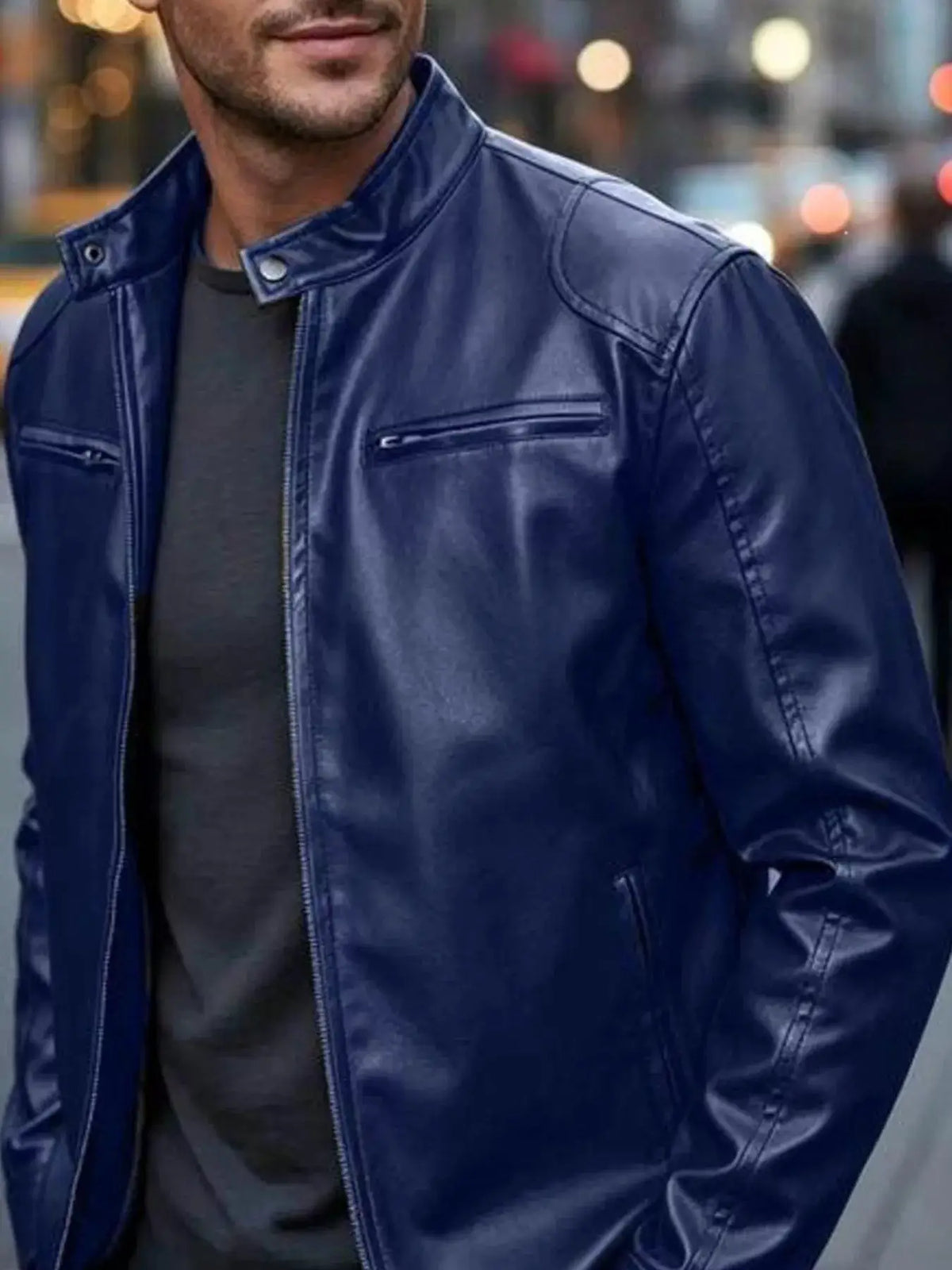 Men's blue faux leather bomber jacket with zip pockets, Trendsi plus size