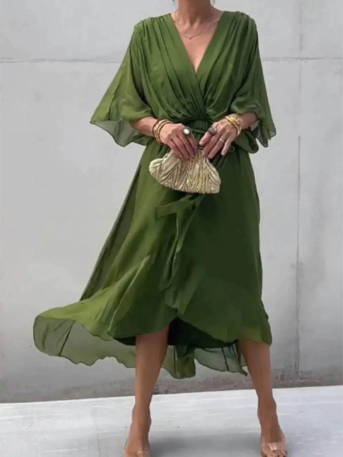 Dress: plus-size olive green flowy tie-front midi dress with flutter sleeves