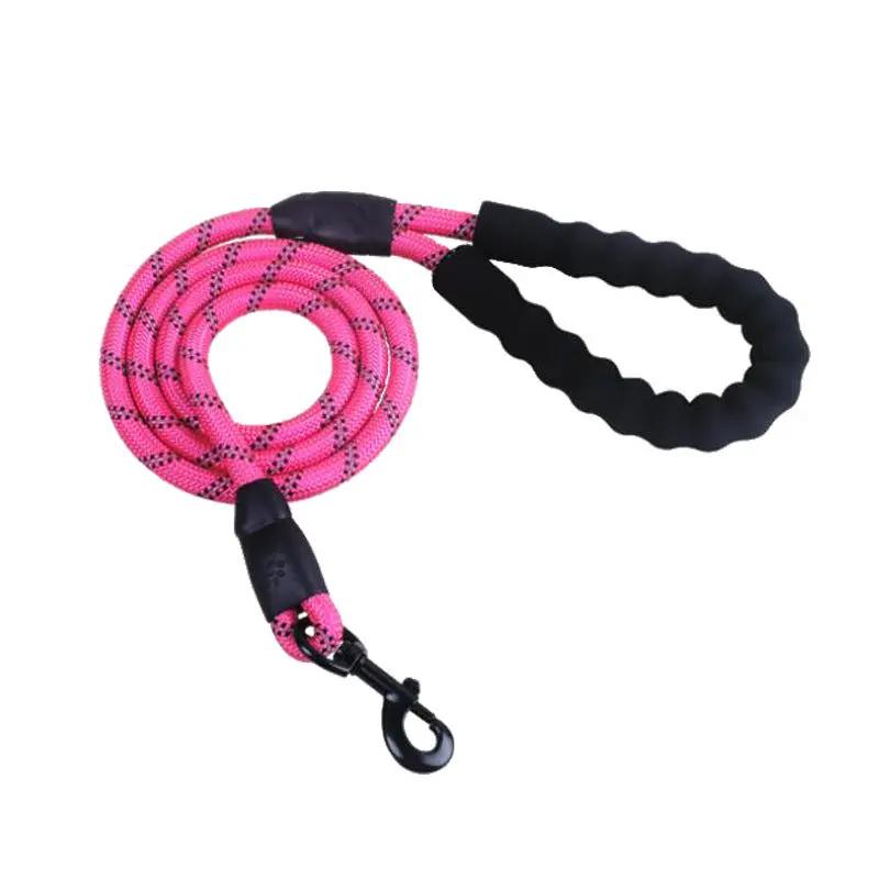 Durable Dog Reflective Rope Leash, pink braided rope by AdTec with black handle and metal clip.