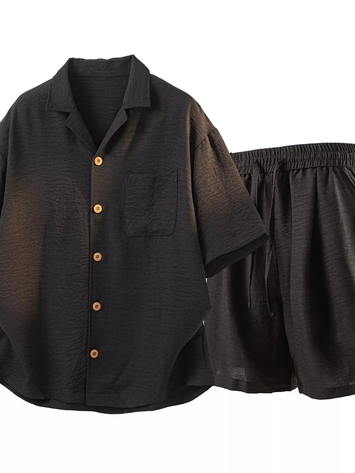 Men's plus-size button-up short-sleeve shirt and shorts set in black, with chest pocket and drawstring shorts