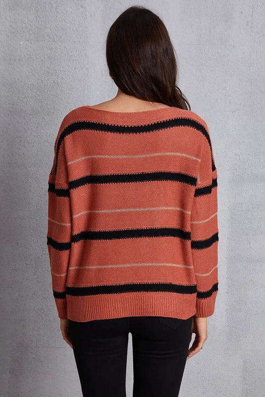 Trendsi relaxed striped knit sweater, coral with black bands, back view.
