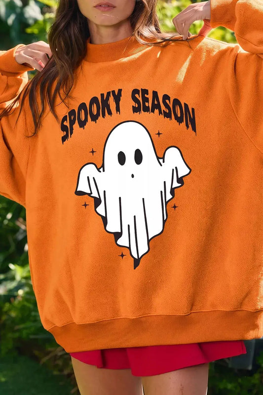 Spooky Season Mock Neck Reversible Halloween Sweatshirt, orange fleece with white ghost graphic