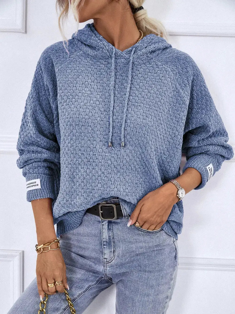 Textured blue drawstring hoodie sweater with long sleeves in premium polyester