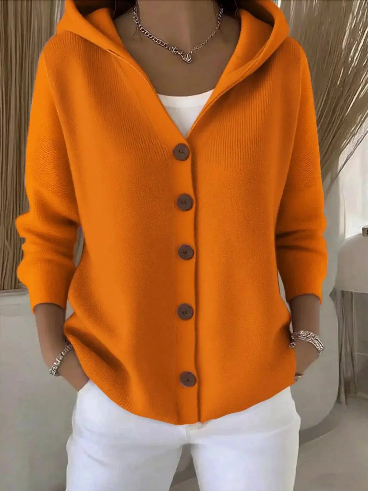 Plus Size Hooded Button Front Soft Knit Cardigan for Women in orange with grey buttons