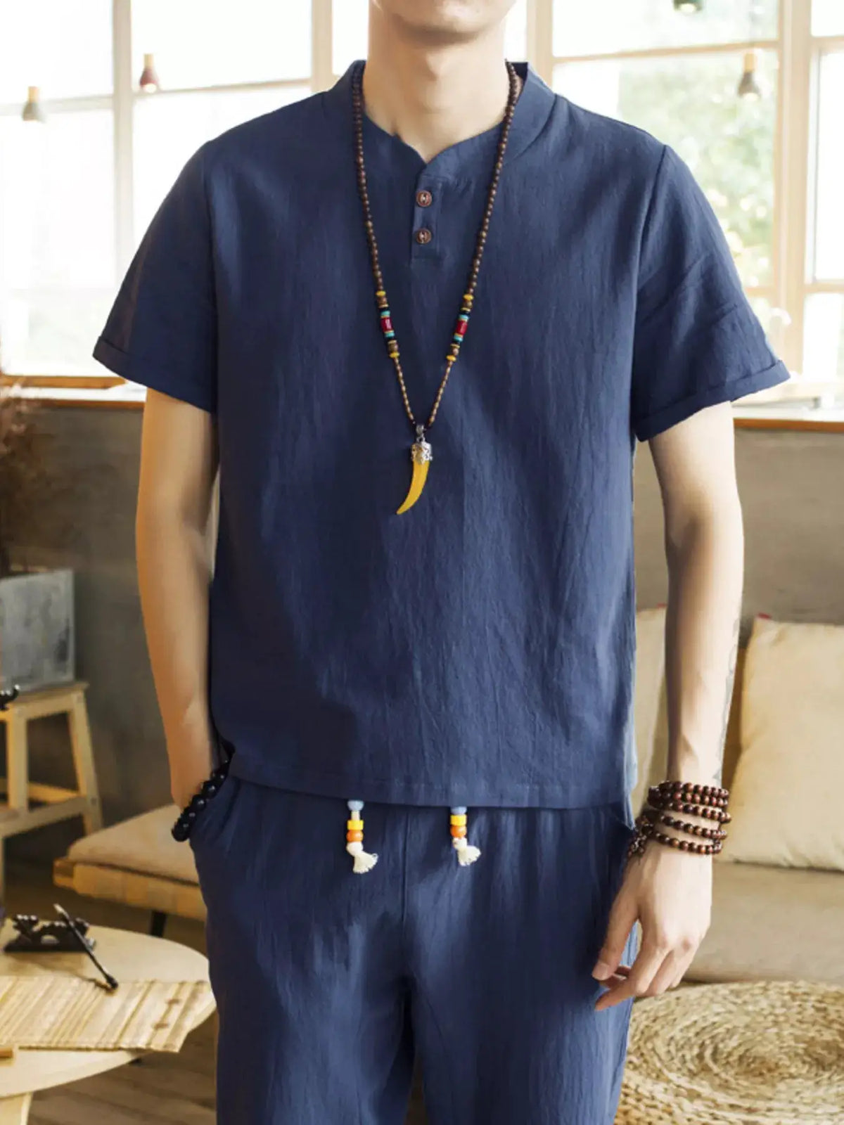 Men's plus-size navy blue two-piece short-sleeve button-front set with matching shorts