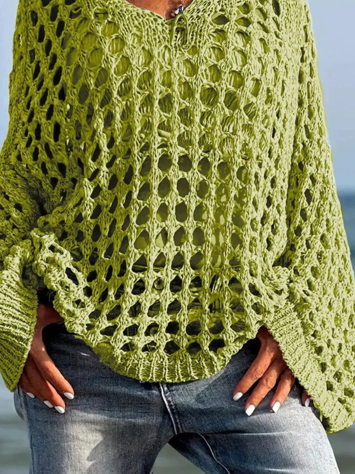 Lightweight crochet long-sleeve knit cover-up cardigan in lime green, oversized, Trendsi