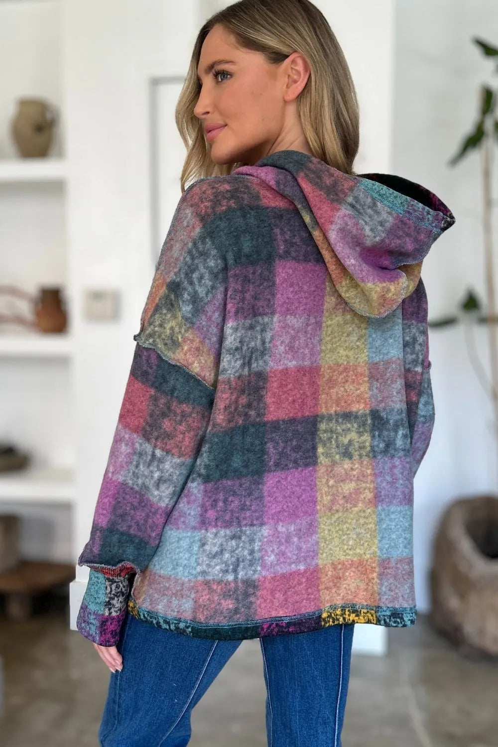 Double Take plaid fleece hoodie, dropped-shoulder, plus size, multicolor plaid