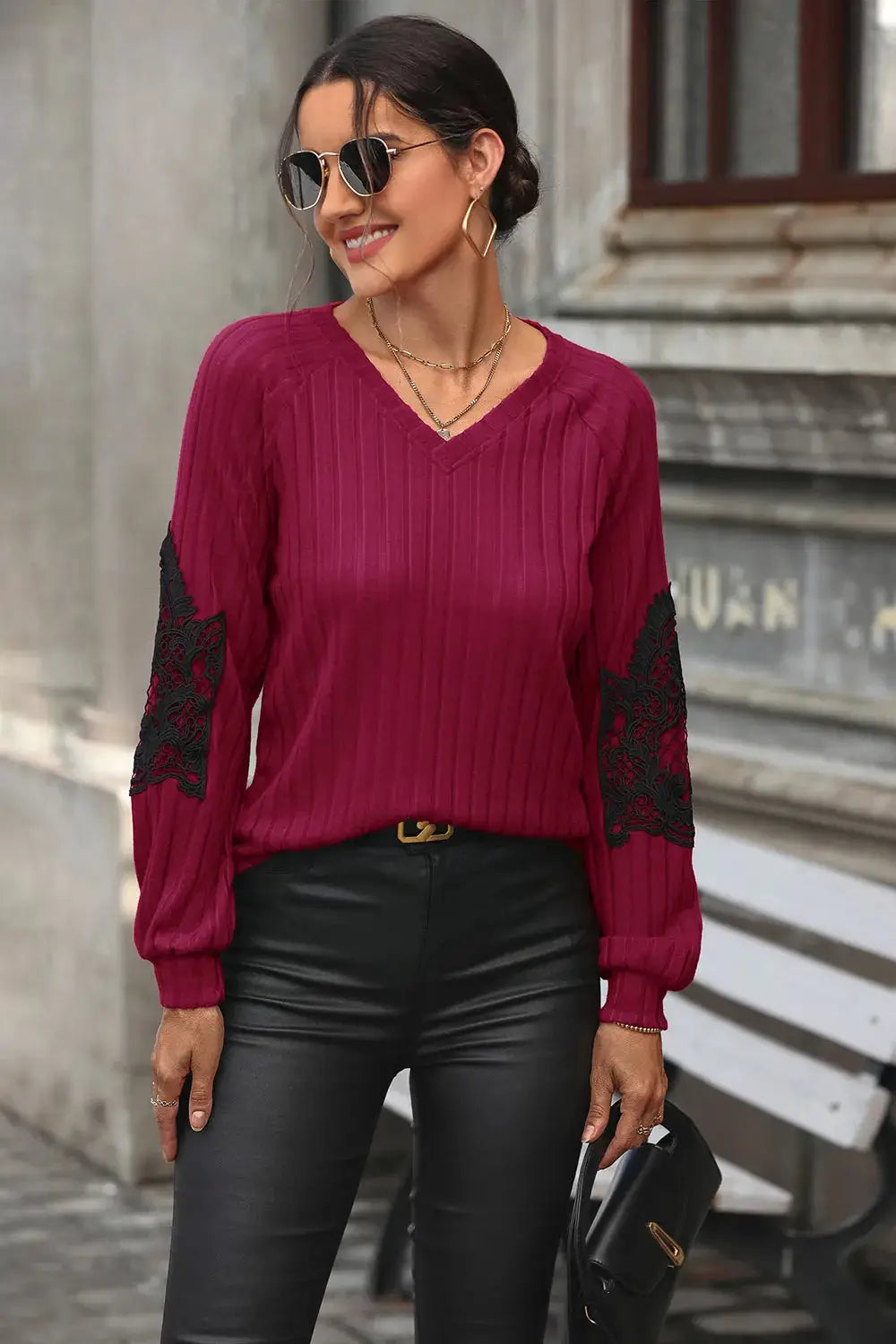 Perfee ribbed V-neck sweater with black lace sleeves in burgundy, soft knit