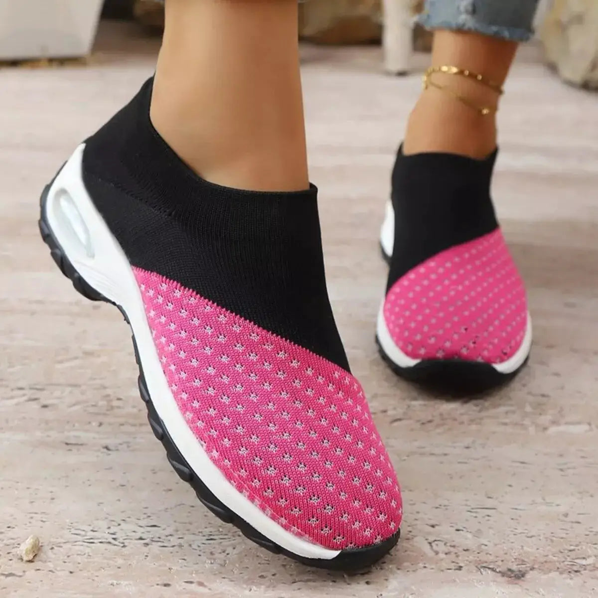 Color Block Mesh Athletic Shoes with pink knit toe and black sock-like collar; white sole.