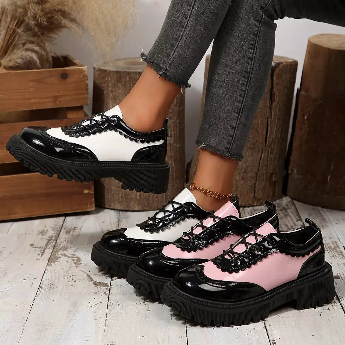Shoes: round-toe lace-up sneakers (3 pairs) in white/black and pink/black colorways with chunky lug soles; Trendsi