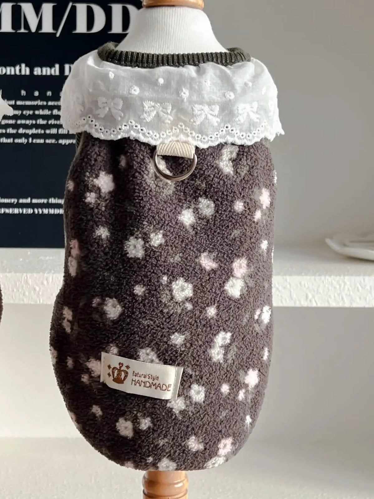 Fleece pet top with lace collar from Trendsi, brown with white polka dots and a silver D-ring leash attachment