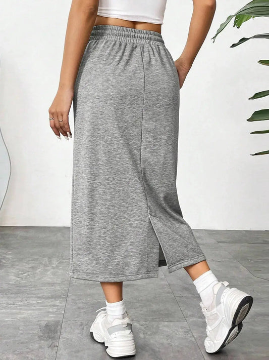 Slit Drawstring Midi Skirt in gray heather knit with elastic waistband and side slit