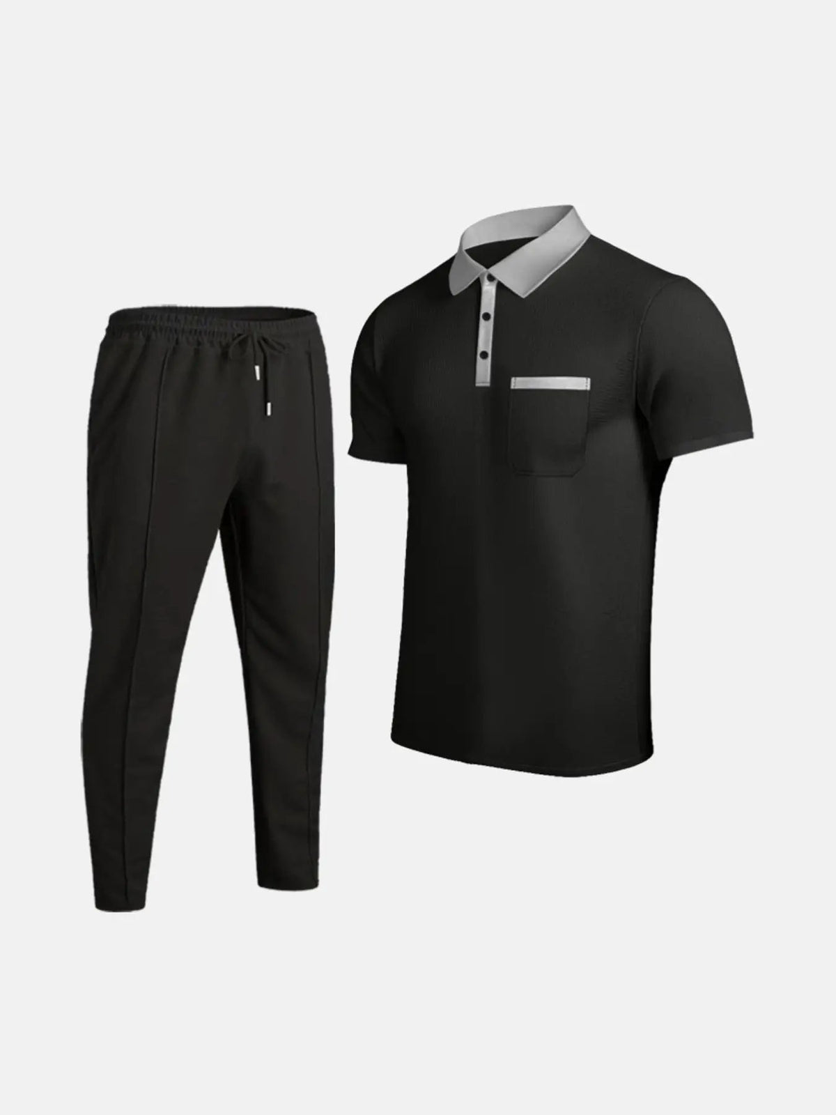 Men's two-piece matching short-sleeve polo and pants set by Trendsi in black with gray collar and pocket trim, plus size