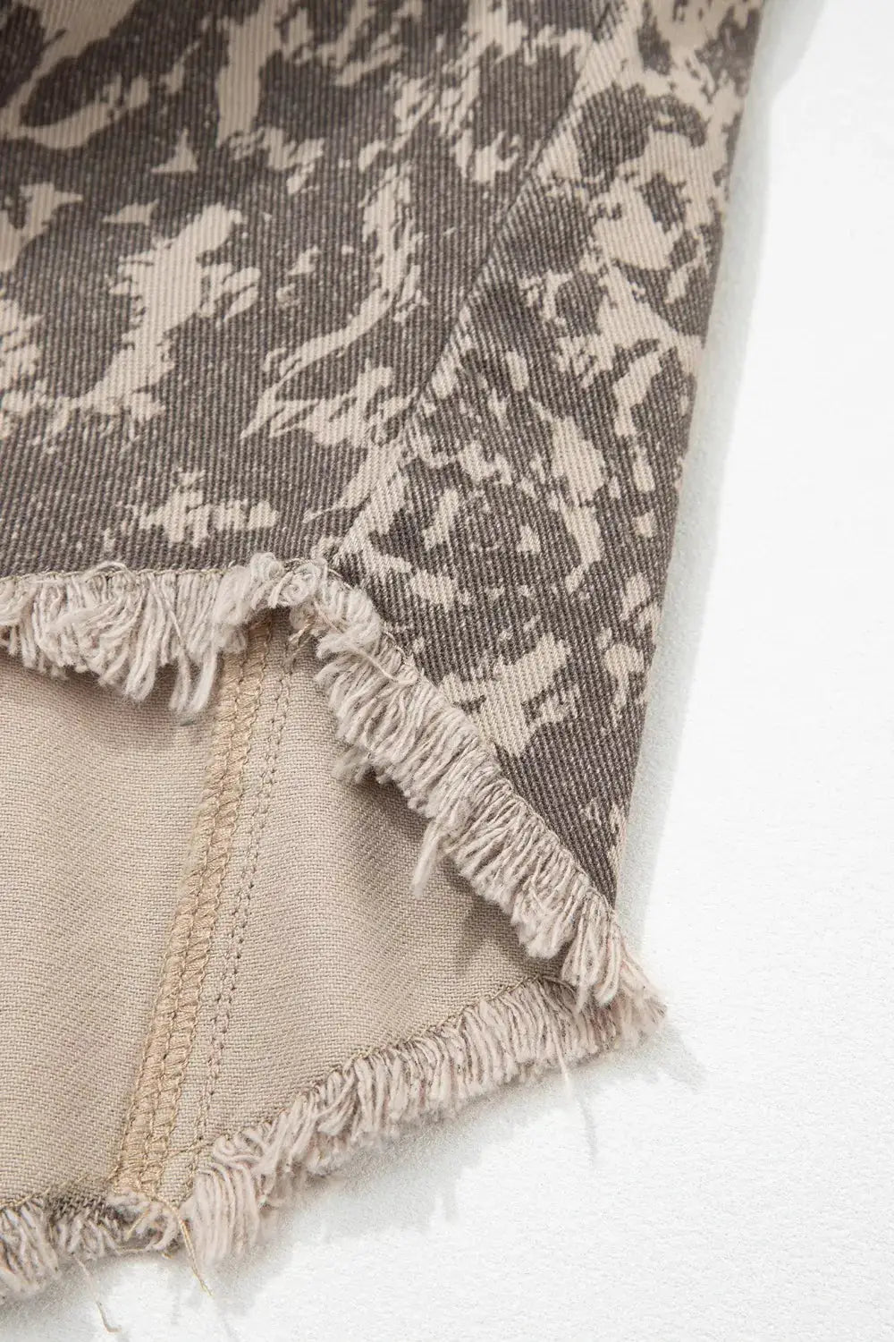 Trendsi Abstract Print Long Sleeve Denim Jacket with raw fringe hem in beige taupe