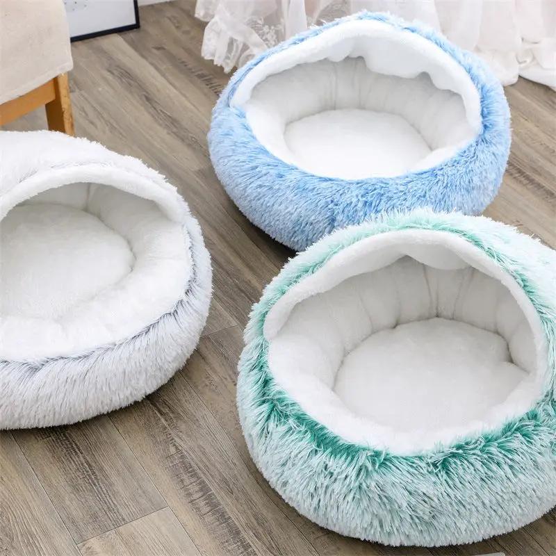 Deep Sleep Half-pack Plush Round Pet Bed; three donut-style beds in blue, gray, and mint by AdTec.