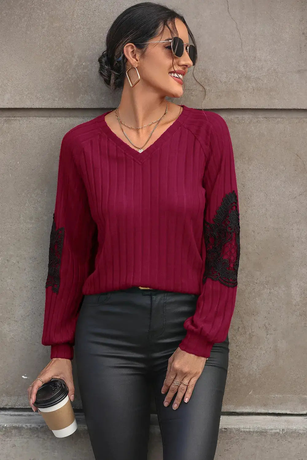 Perfee women's burgundy ribbed V-neck sweater with black lace sleeve panels
