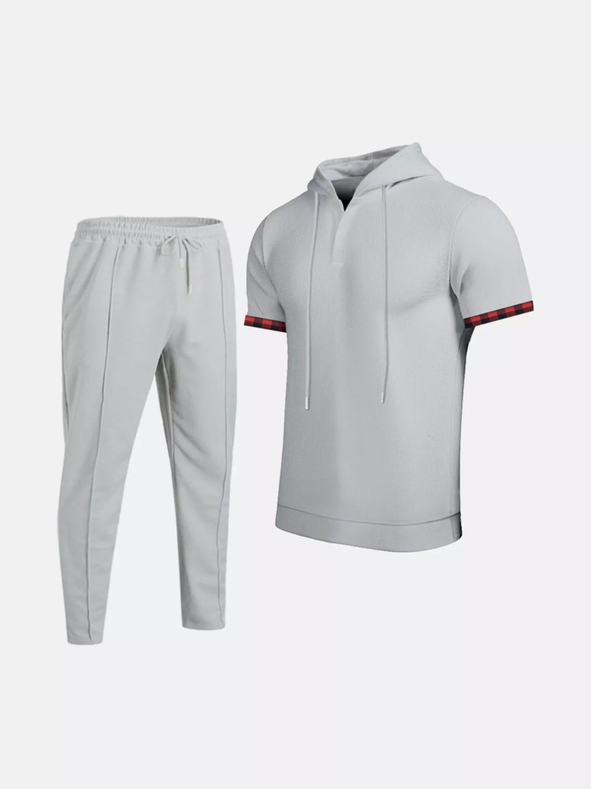 Mens plus-size two-piece lightweight short sleeve hoodie and pants lounge set in light gray with red plaid sleeve trim.
