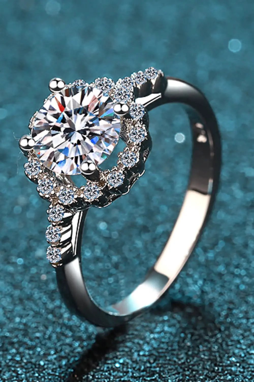 1 Carat Moissanite Rhodium-Plated Halo Ring with center stone and pavé halo, engagement jewelry.