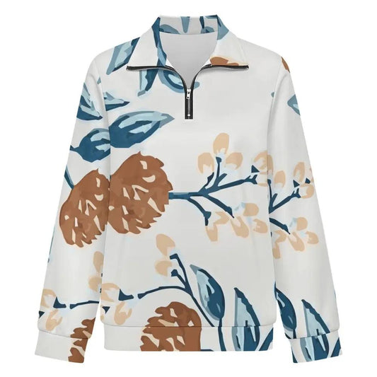 Women’s Quarter Zip Sweatshirt by Inkedjoy, white with blue/brown floral print, soft breathable fabric