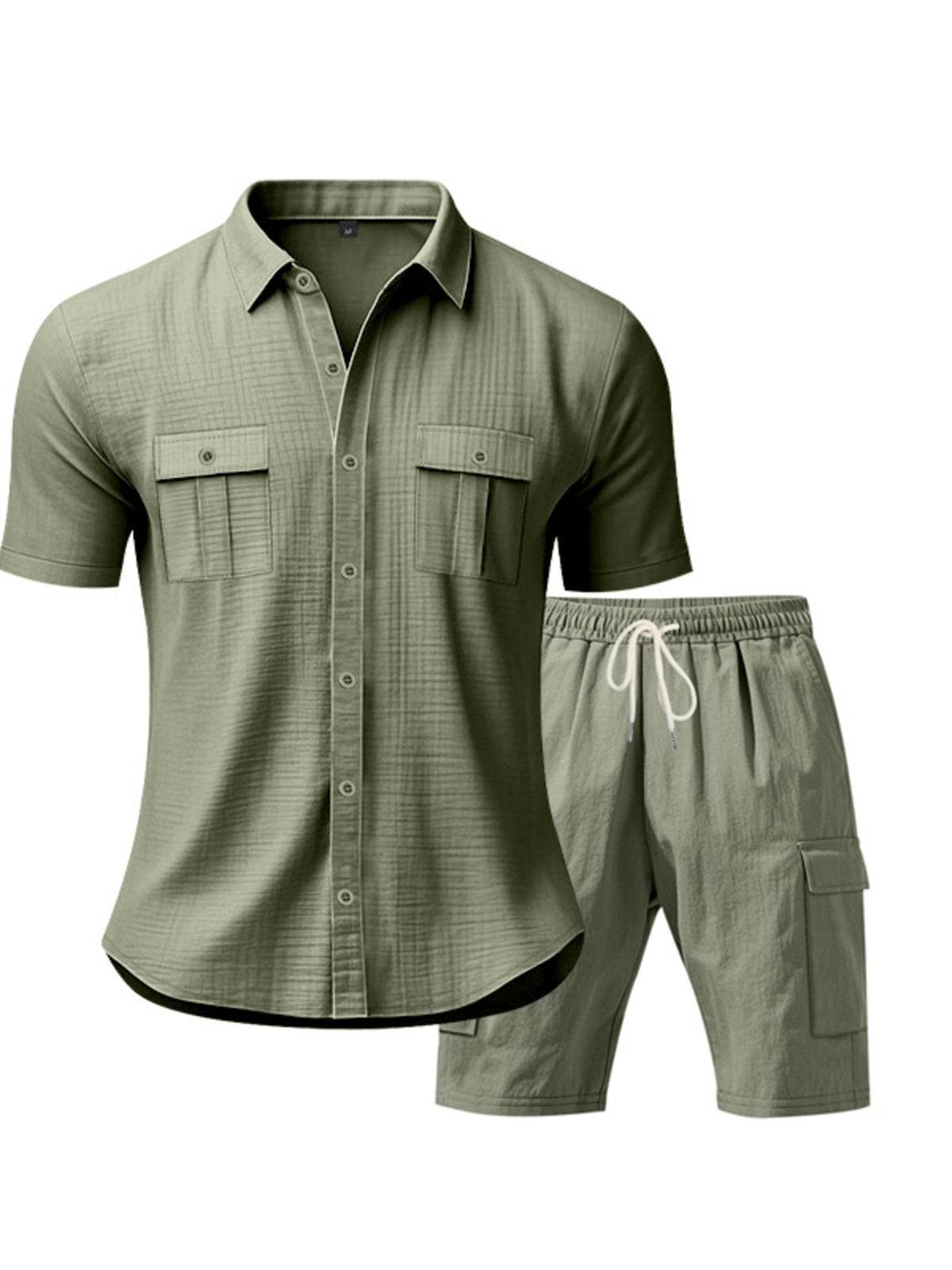 Men's olive green button-up shirt and shorts set, short sleeves, pocketed, plus size, by Trendsi.