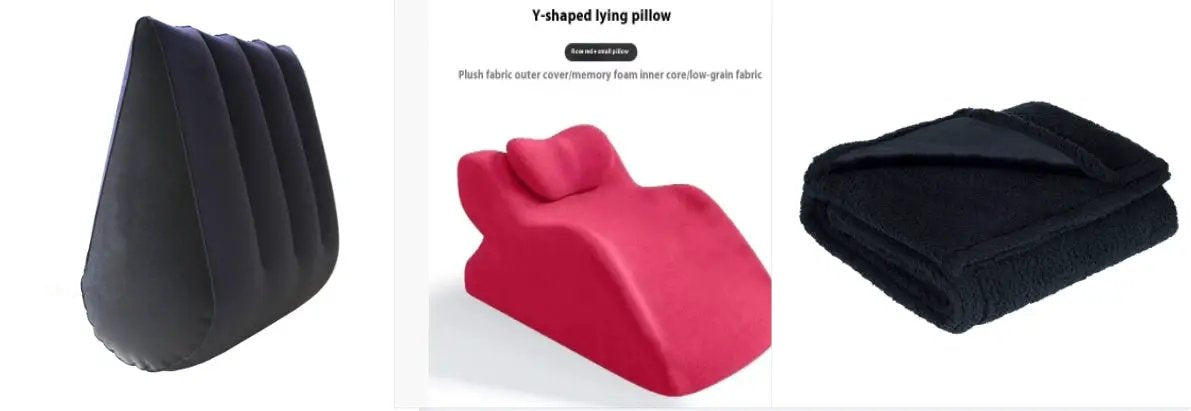 Waterproof blanket in flannel cotton velvet; 3-item set: black neck pillow, red Y-shaped lying pillow, folded black blanket.