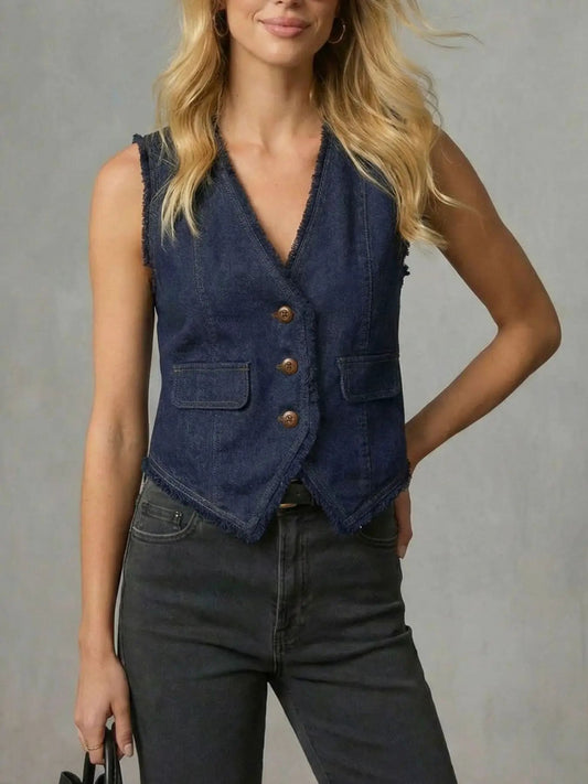 Women's frayed-hem denim vest with button front, two front pockets, dark wash
