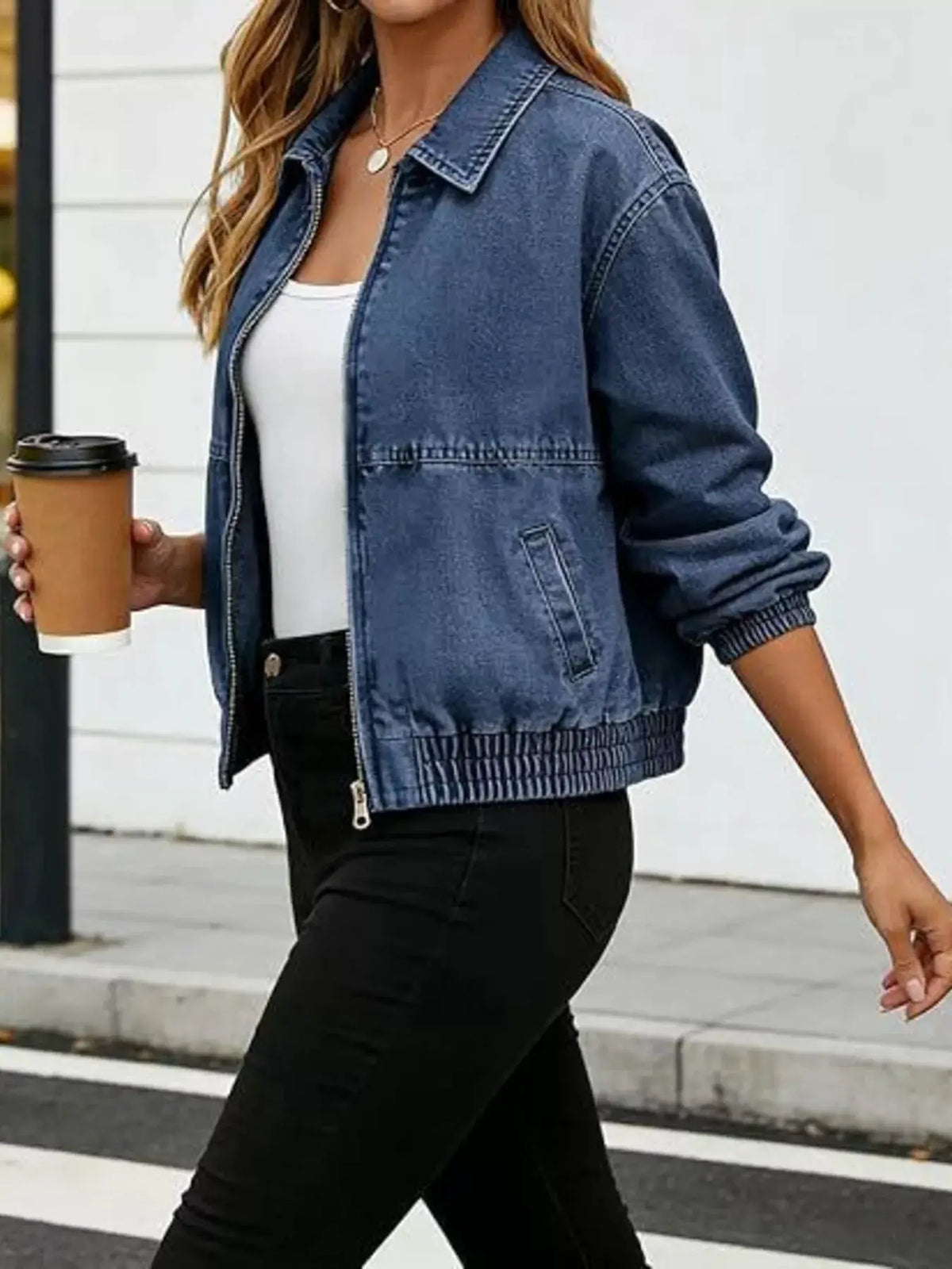 Classic Soft Wash Zip Up Denim Jacket in blue with comfortable stretch