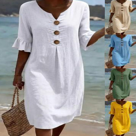 Summer women's white cotton dress with button-front placket and ruffle sleeves; AdTec; 5 color options.