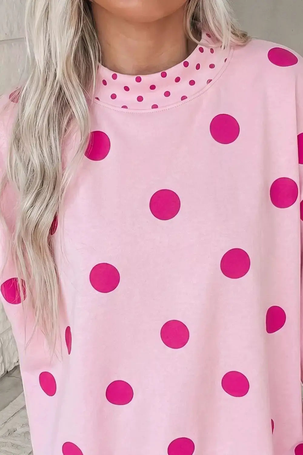 Polka Dot Dropped Shoulder Sweatshirt in light pink with darker pink polka dots