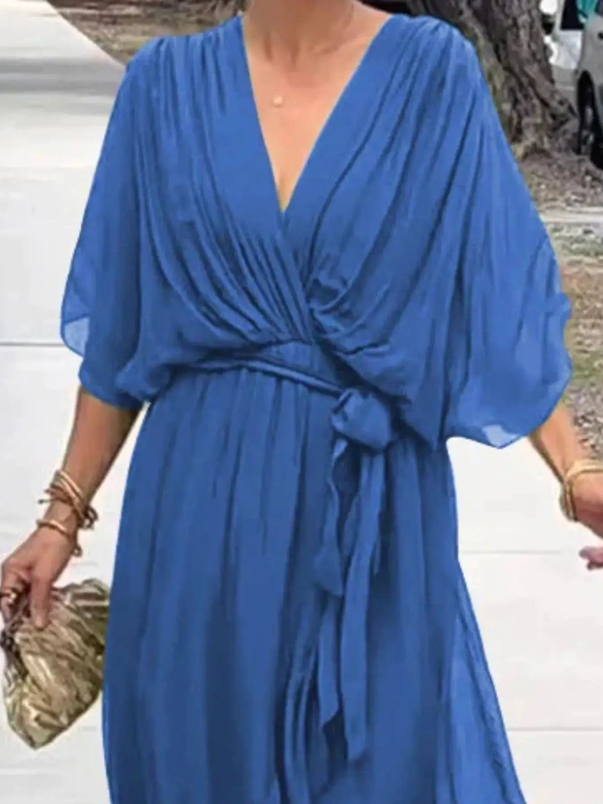 Full Size Flowy Tie Front Midi Dress with Flutter Sleeves Plus Size in blue by Trendsi