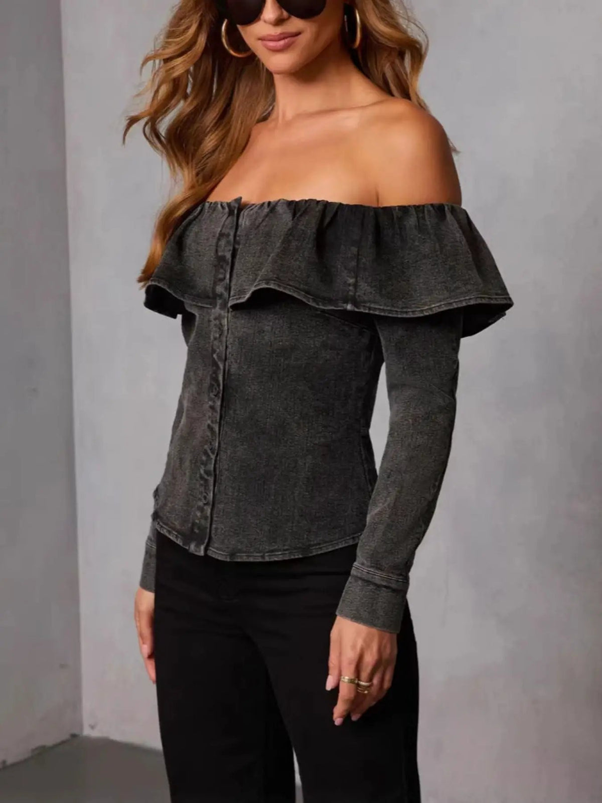 Women’s off-shoulder denim top with a ruffled neckline, button-front, dark wash; Trendsi