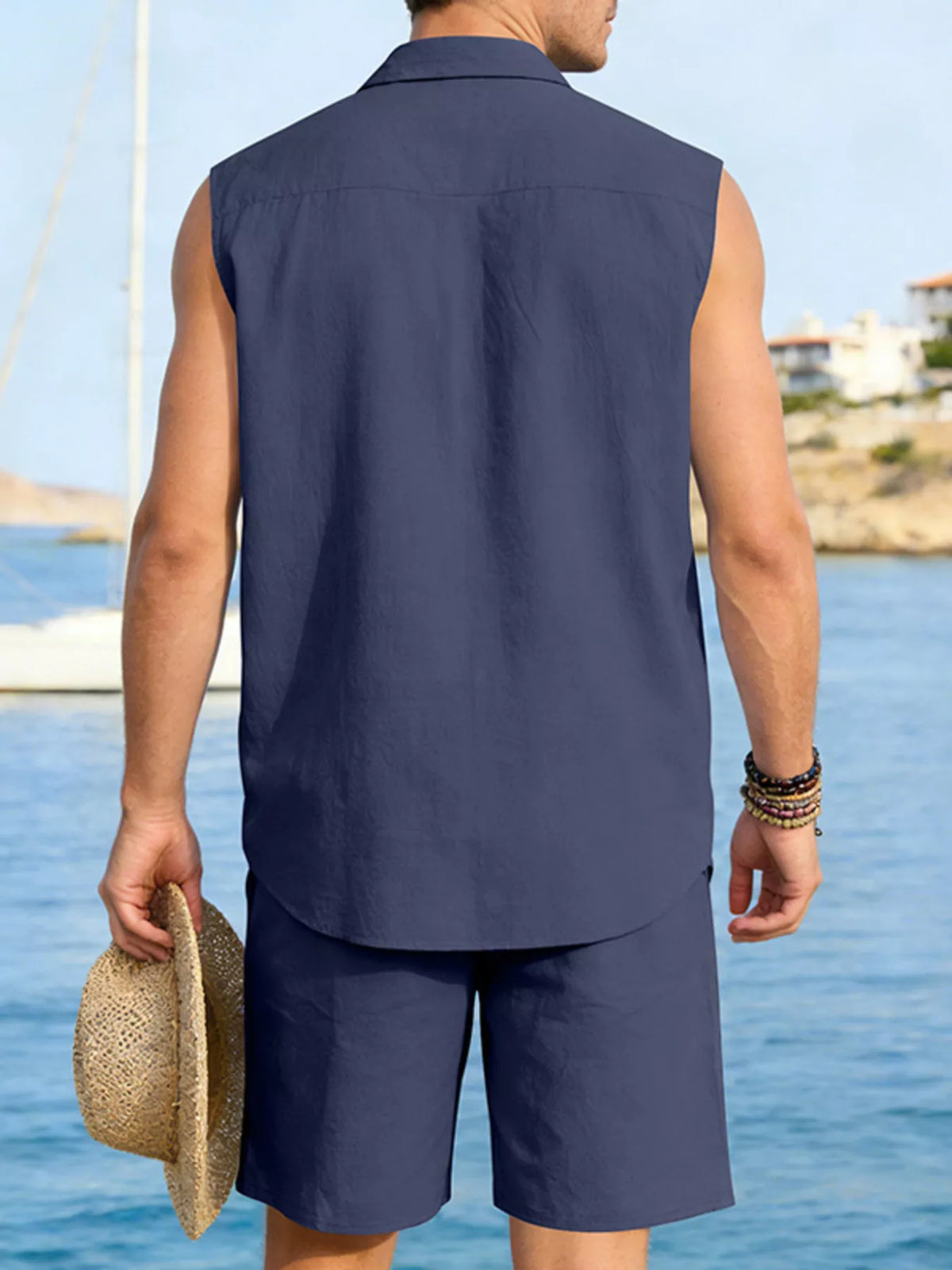 Men's navy sleeveless button-up top and shorts set by Trendsi