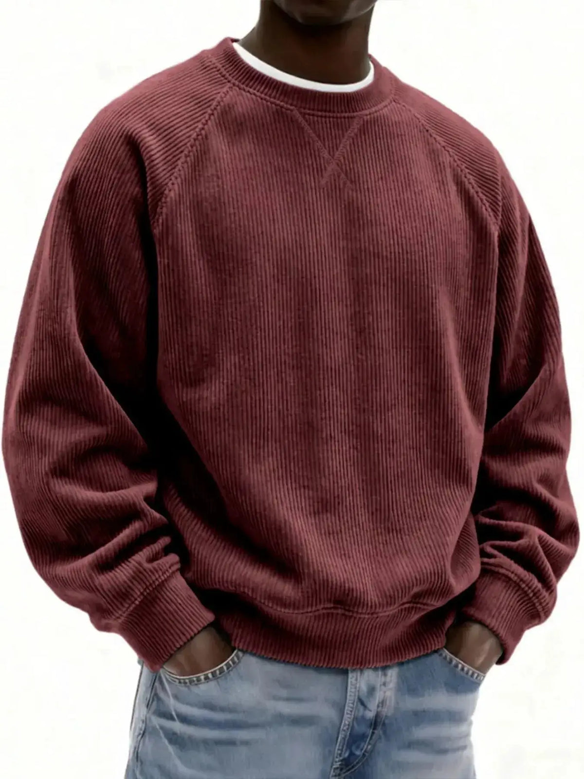 Mens plus-size corduroy crew neck sweatshirt in burgundy, stretch cotton by Trendsi