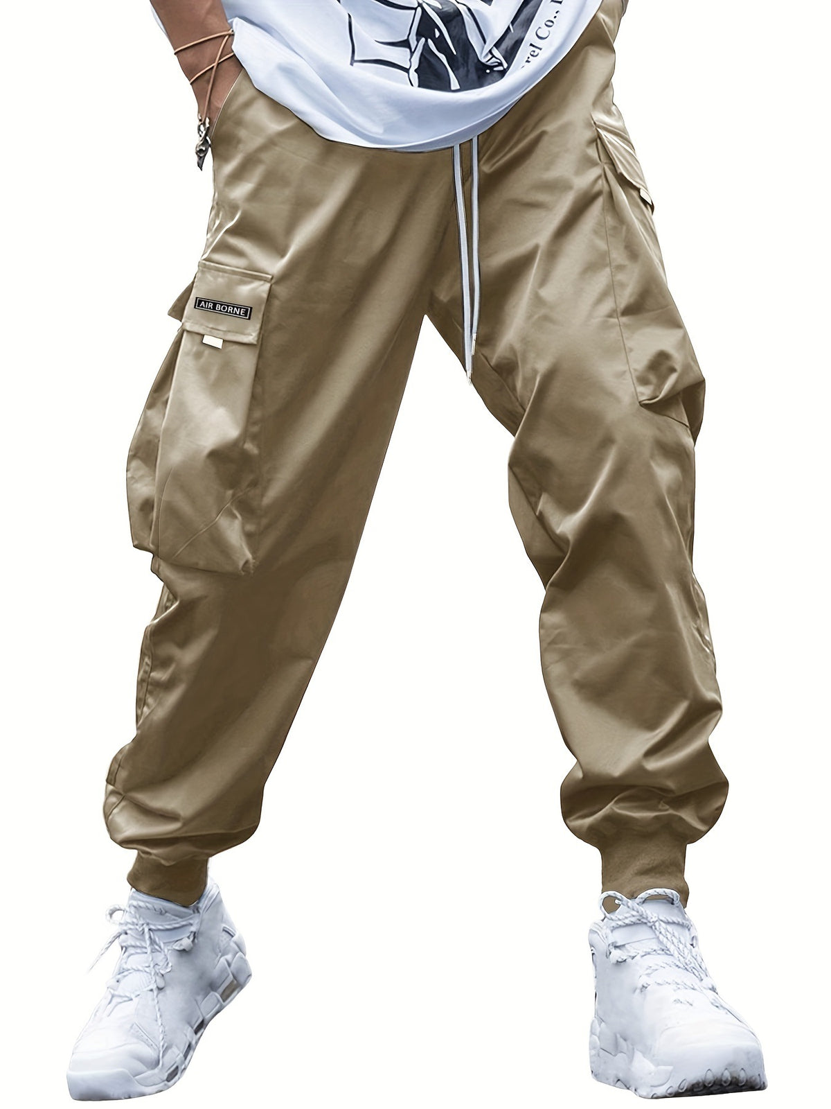 Multi-pocket Cargo Pants Air Borne, tan, drawstring waist, cargo pockets.