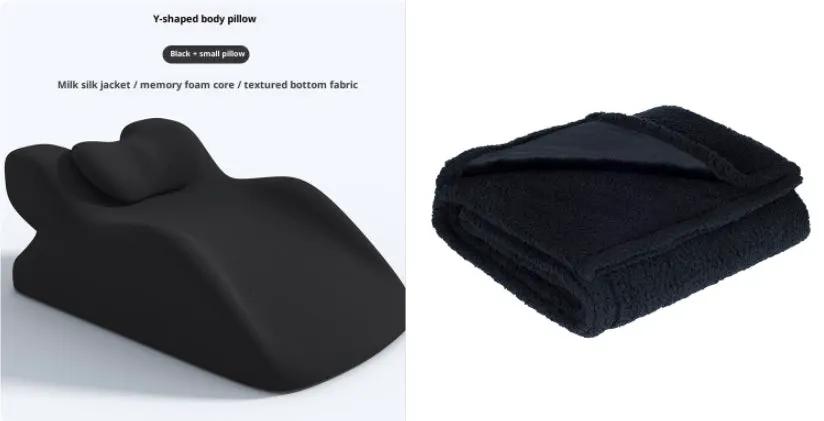Water-proof blanket and black Y-shaped body pillow (2 items) from AdTec.