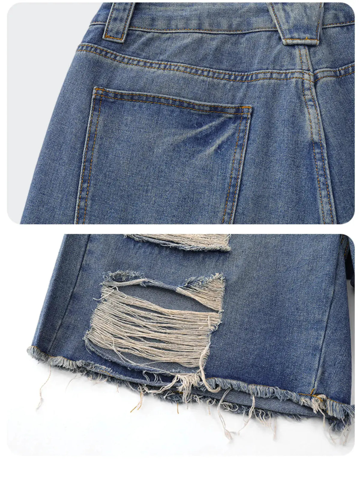 Mens oversized distressed denim shorts with stretch cotton pockets in blue denim, back pocket detail.