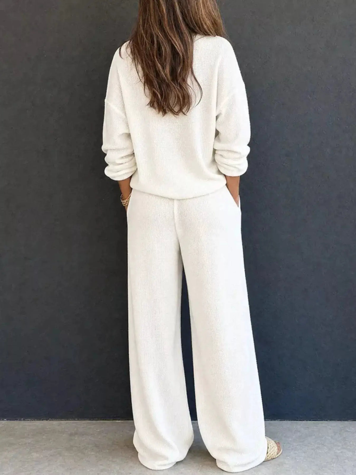 Waffle Knit Henley Top and Wide-Leg Pants two-piece set in ivory, back view by Trendsi