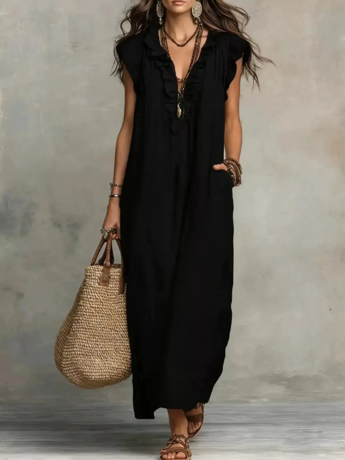 Full-Size Ruffled V-Neck Cap Sleeve Maxi Dress Plus Size by Trendsi in black, paired with a woven straw tote.