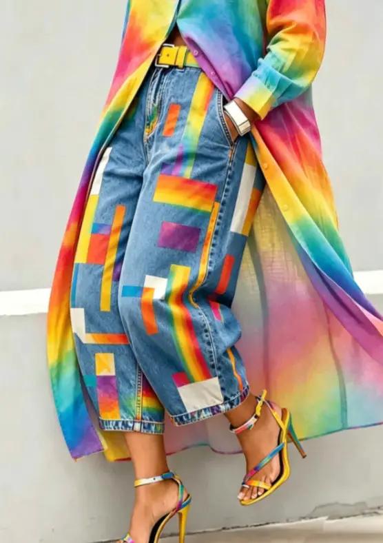 Capri denim pants with bold color-block patchwork; mid-rise, wide-leg fit