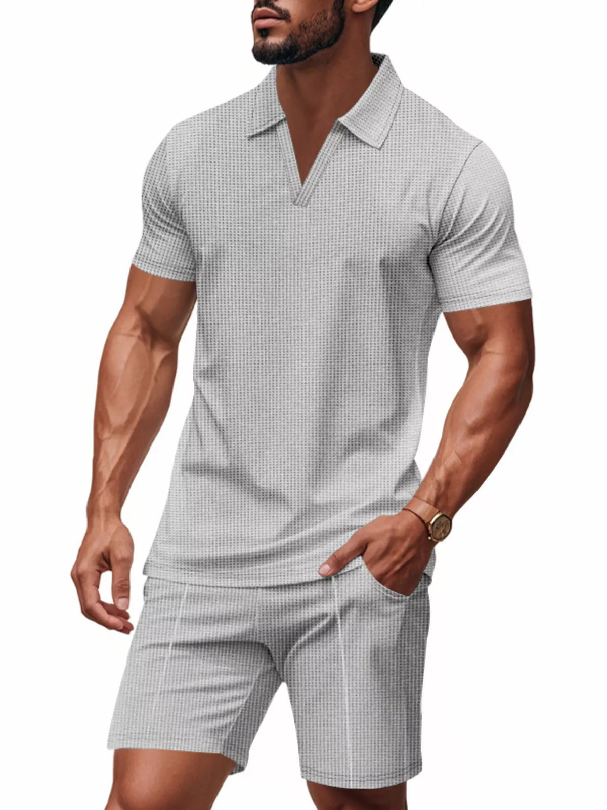 Men's plus-size textured polo and shorts two-piece set in light gray by Trendsi