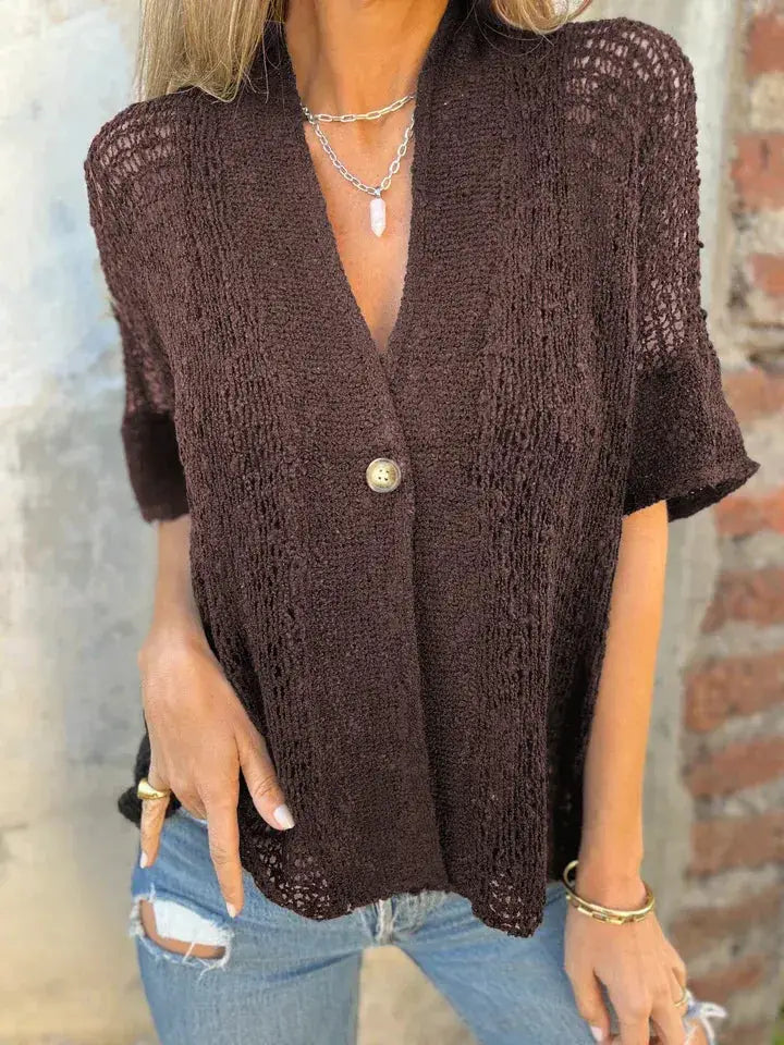 Plus Size One-Button Openwork Cardigan in brown sheer knit by Trendsi